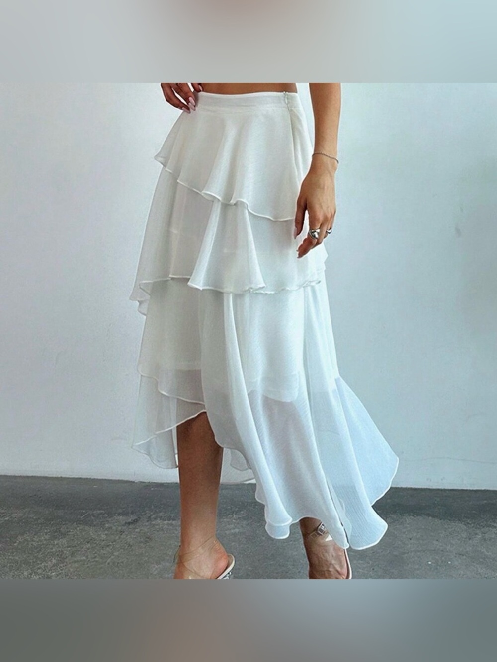 SHEIN White layered chiffon maxi skirt ruffled high-low hem tiers women’s size M